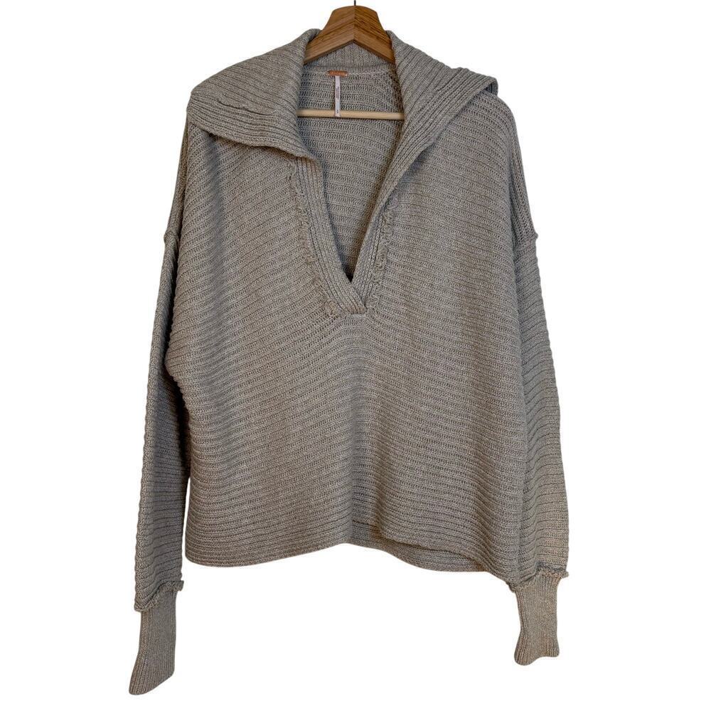 Free People Marlie Deep Ribbed Sweater Size Small Cream Collared V Neck Relaxed - Picture 3 of 13